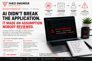 FarziEngineer illustration showing AI-generated code reviewed by a software engineer, highlighting AI code review best practices before production deployment.
