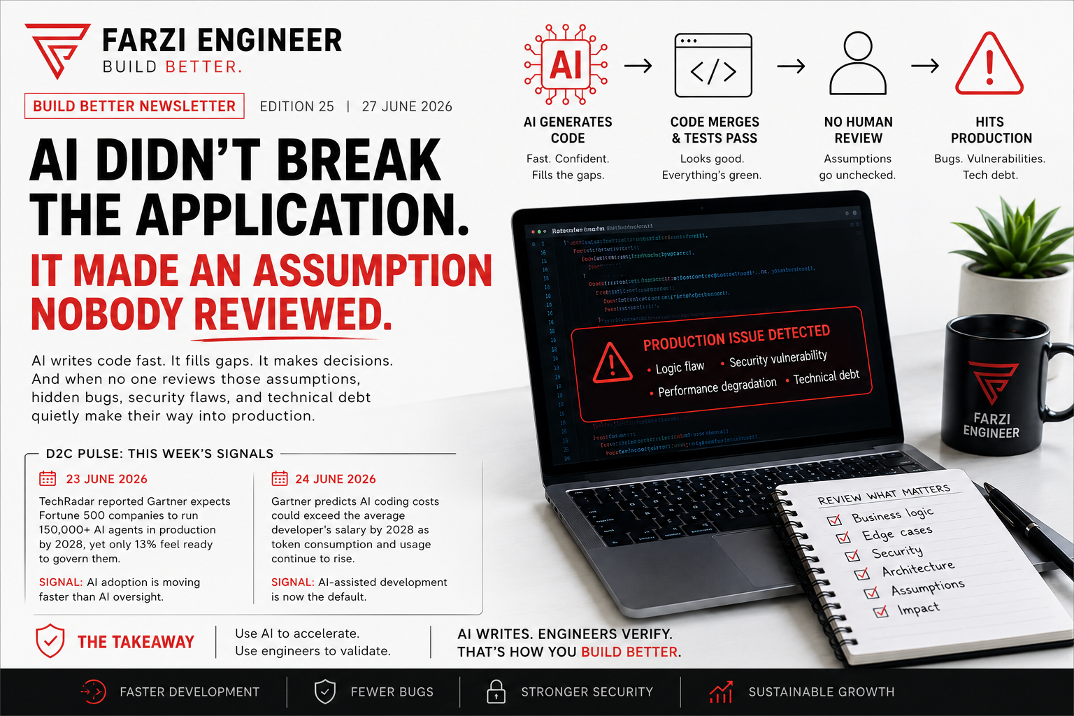 FarziEngineer illustration showing AI-generated code reviewed by a software engineer, highlighting AI code review best practices before production deployment.