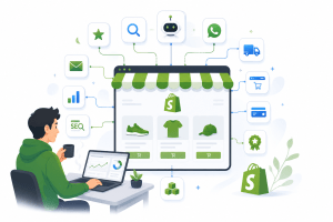 Modern illustration showing the essential app categories that make up a complete Shopify tech stack.