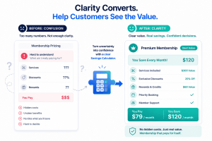 Vector illustration showing a before-and-after comparison of confusing membership pricing versus a clear membership savings calculator that highlights discounts, rewards, and monthly savings.