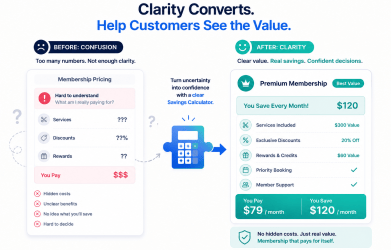 Vector illustration showing a before-and-after comparison of confusing membership pricing versus a clear membership savings calculator that highlights discounts, rewards, and monthly savings.