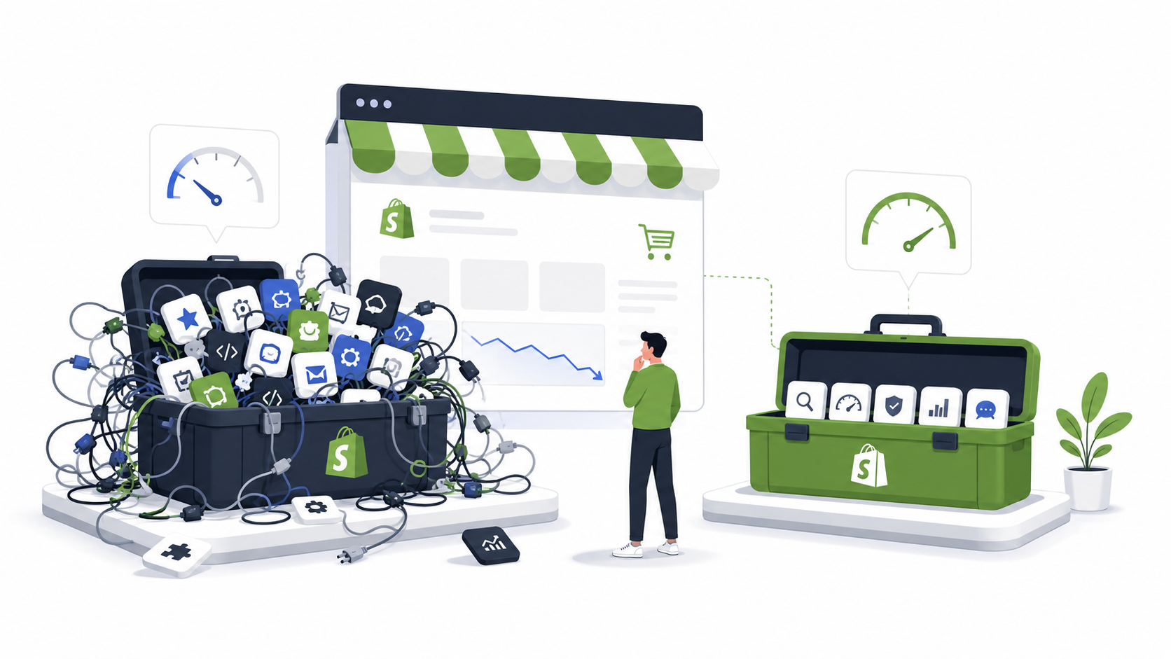 Premium illustration comparing an overloaded Shopify tech stack with a streamlined ecommerce setup, showing how unnecessary apps and complexity can reduce store performance and sales.