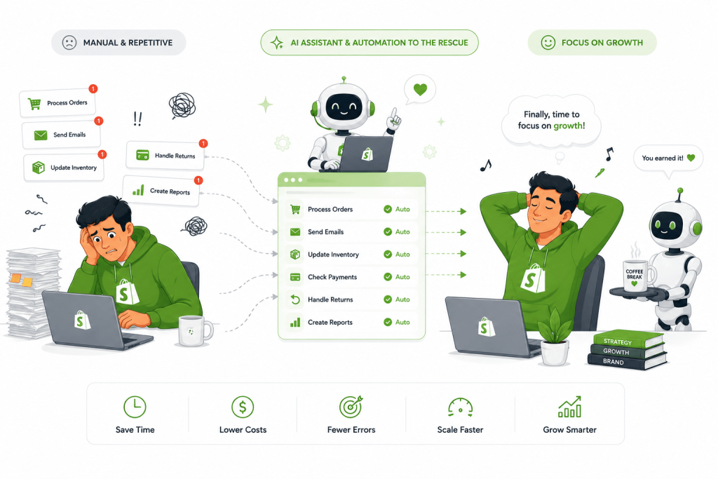 Shopify merchant performing repetitive manual tasks while a friendly AI assistant automates ecommerce workflows and serves coffee during a relaxing break.