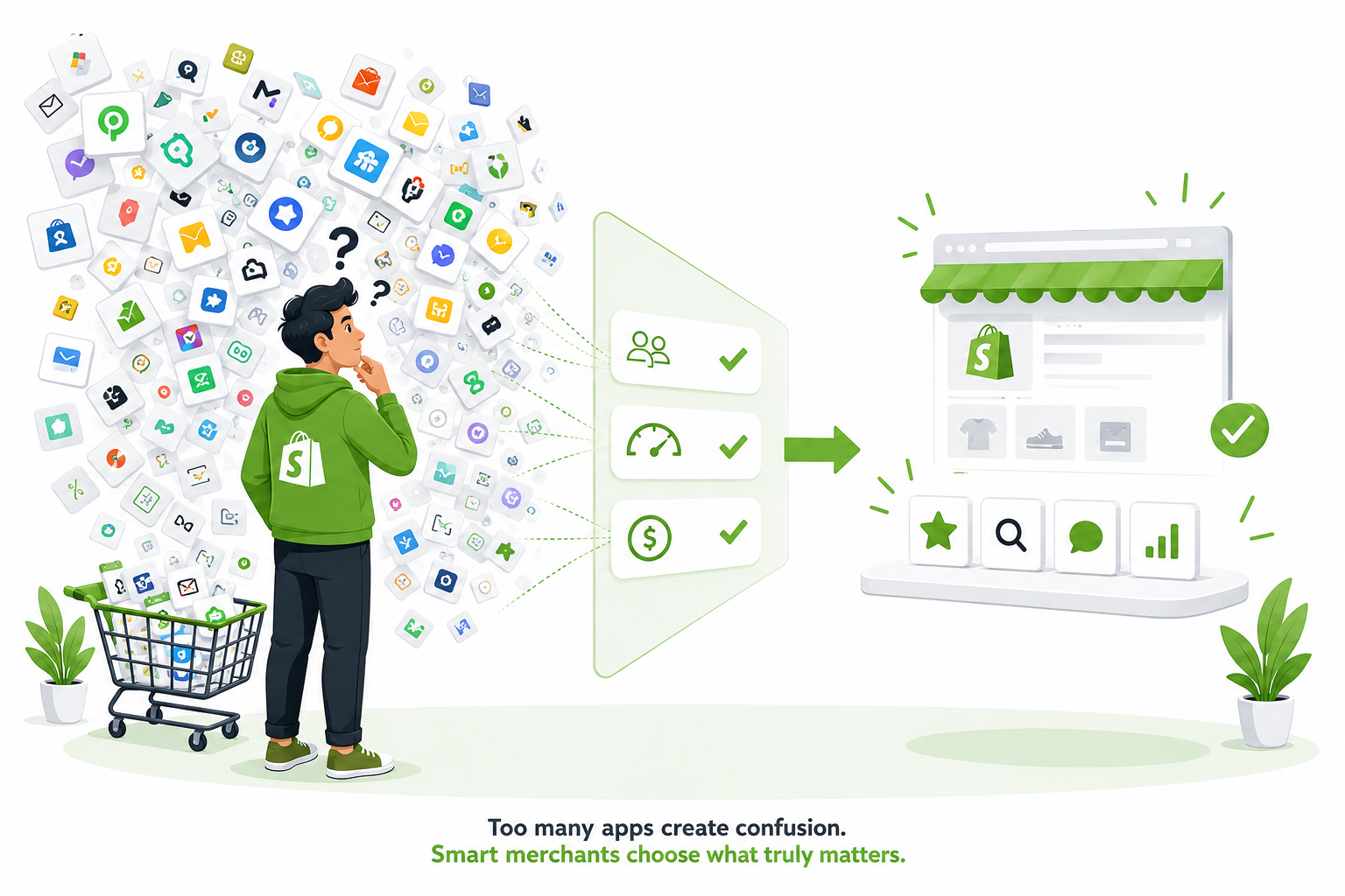 Shopify merchant overwhelmed by hundreds of app icons using a simple decision framework to select only essential Shopify apps for better store performance and customer experience.