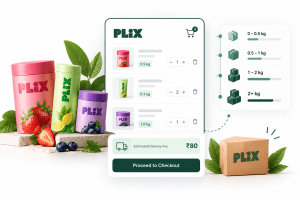 Illustration of a PLIX e-commerce checkout with product weight ranges and shipping charges calculated for different order combinations.