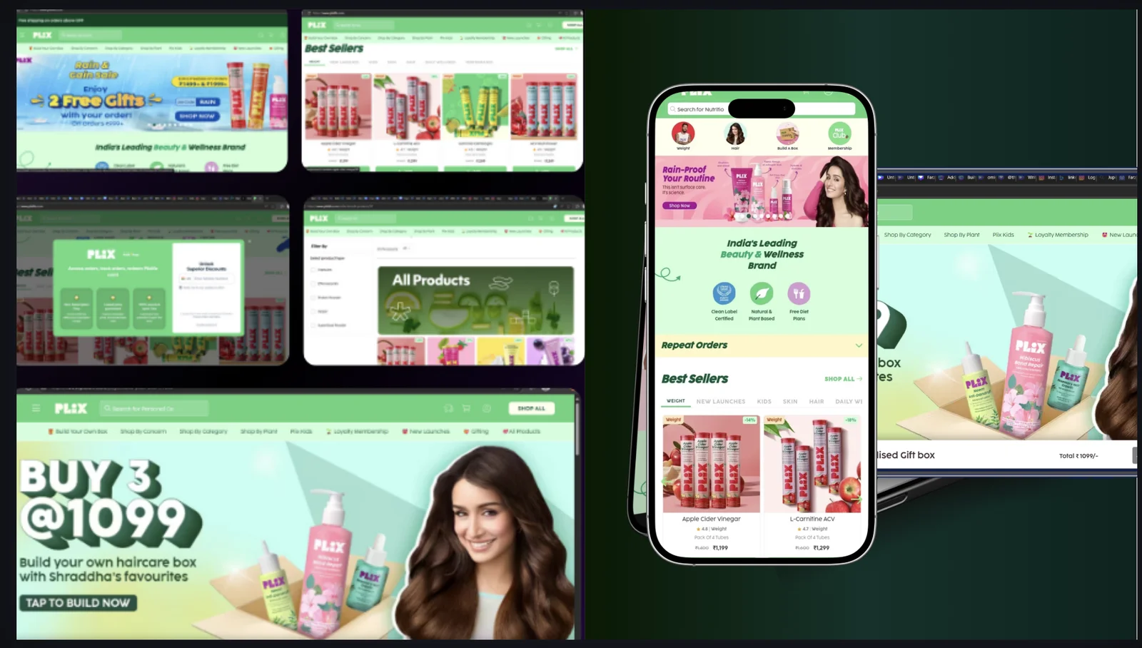 Plix Life ecommerce website on desktop and mobile app showing best sellers, a Buy 3 at ₹1,099 build-your-own-box offer, repeat orders, loyalty membership and shop-by-concern navigation
